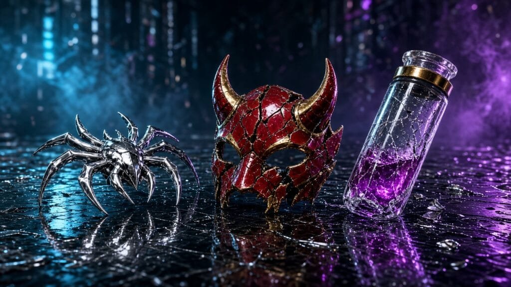 Moody 16:9 RCG comics thumbnail of a chrome spider shard, devil-horn mask fragment, and cracked Oscorp vial on wet city glass in cyan violet smoke, no text or logos.