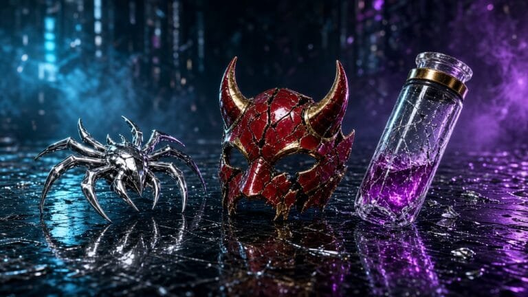 Moody 16:9 RCG comics thumbnail of a chrome spider shard, devil-horn mask fragment, and cracked Oscorp vial on wet city glass in cyan violet smoke, no text or logos.