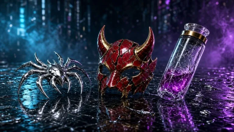 Moody 16:9 RCG comics thumbnail of a chrome spider shard, devil-horn mask fragment, and cracked Oscorp vial on wet city glass in cyan violet smoke, no text or logos.
