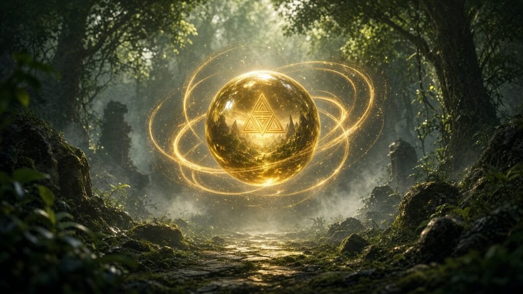 Symbolic golden time-orb motif glowing through forest mist in a glossy Switch-era remake aesthetic, no characters, logos, or text