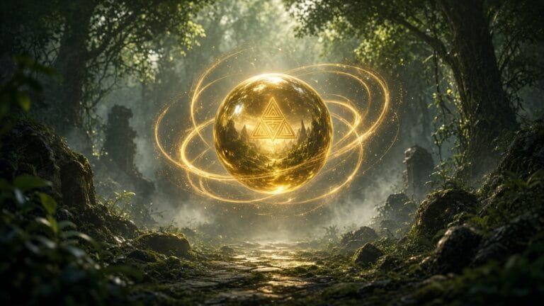 Symbolic golden time-orb motif glowing through forest mist in a glossy Switch-era remake aesthetic, no characters, logos, or text