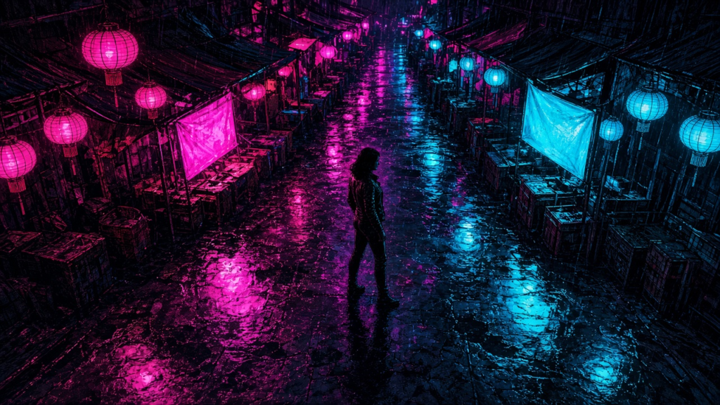 A neon-lit Bangkok street at night in the rain with a lone figure's silhouette