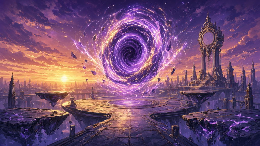 A glowing time-rift portal floating above a futuristic city plaza at sunset