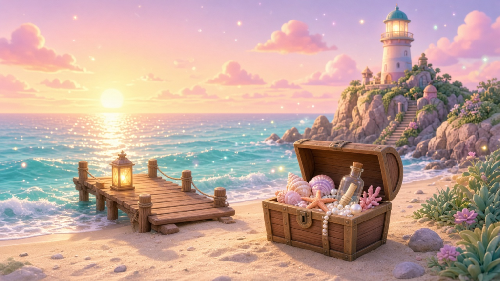 Pastel sunset cove with a lantern pier and a chest of seashell keepsakes