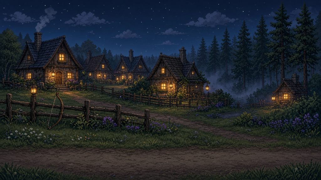 A cozy pixel art village at night with glowing lanterns beside a dark forest edge