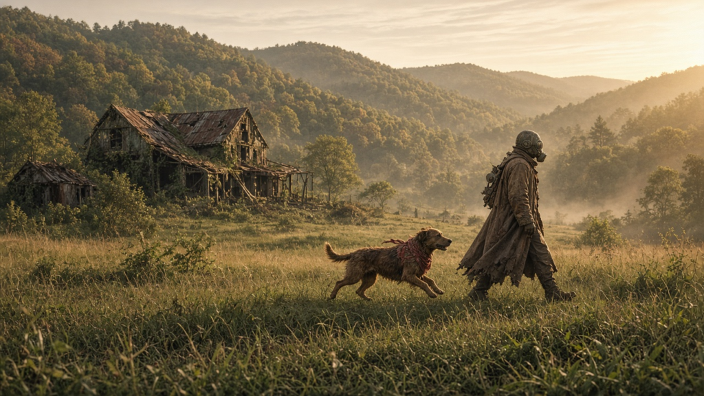 A loyal dog in a worn bandana walking beside a lone traveler across a ruined wasteland