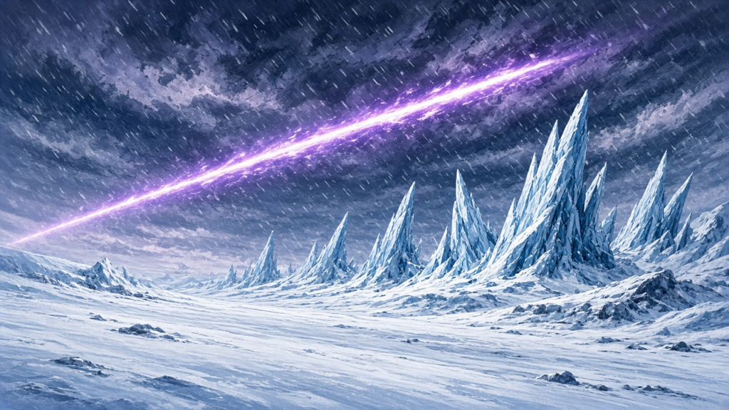 A frozen arctic landscape with jagged blue ice spires under a purple sky