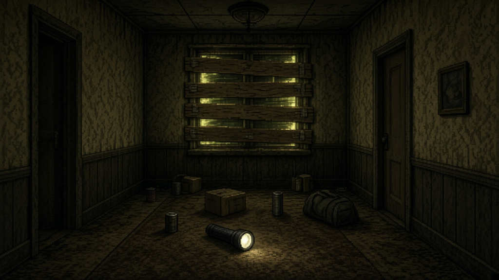 A dim apartment hallway with a single window covered by taped cardboard