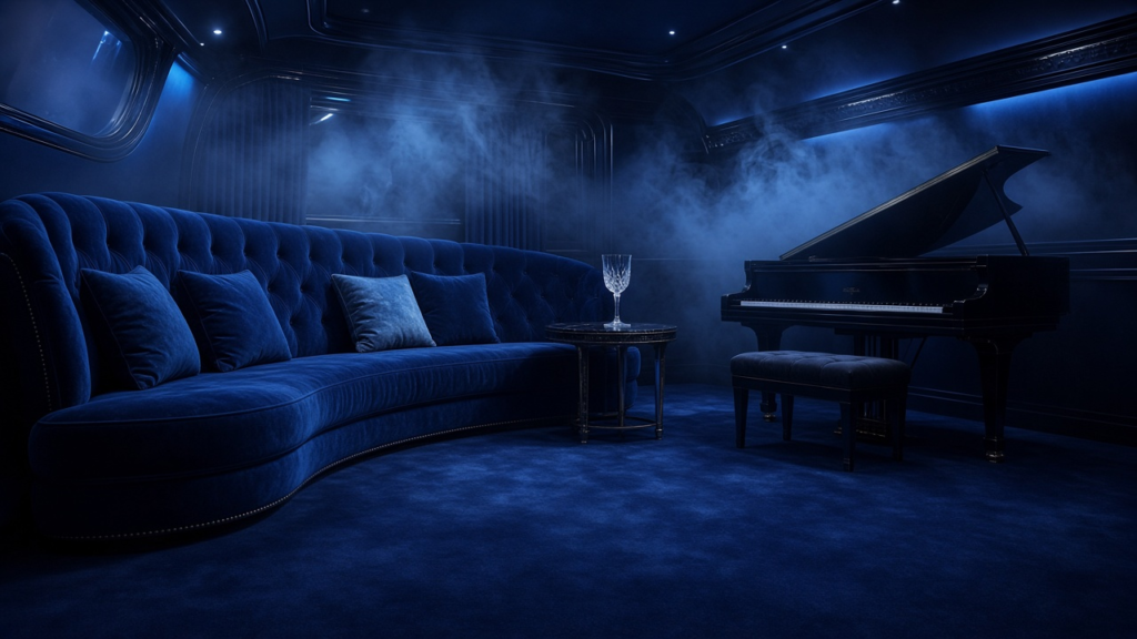 A velvet blue lounge inside a moving limousine with an empty seat and a piano