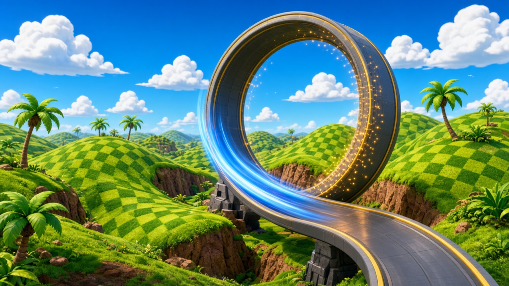 A looping high-speed track running through a sunny green hillside under a bright blue sky